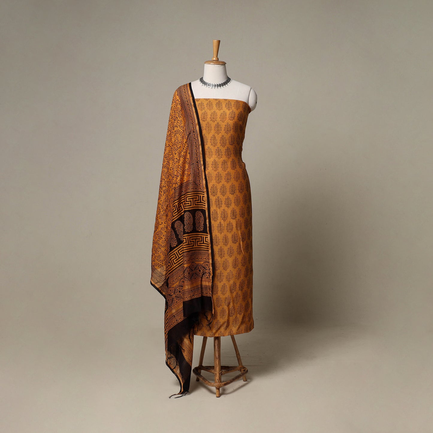 Bagh Hand Block Print Natural Dyed Chanderi Silk 3pc Unstitched Dress Material Suit Set 90