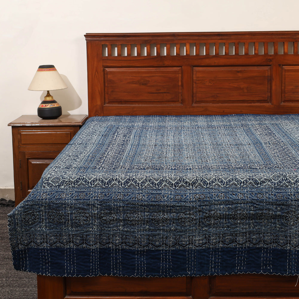 Blue - Ajrakh Print Single Tagai Kantha Bed Cover 81