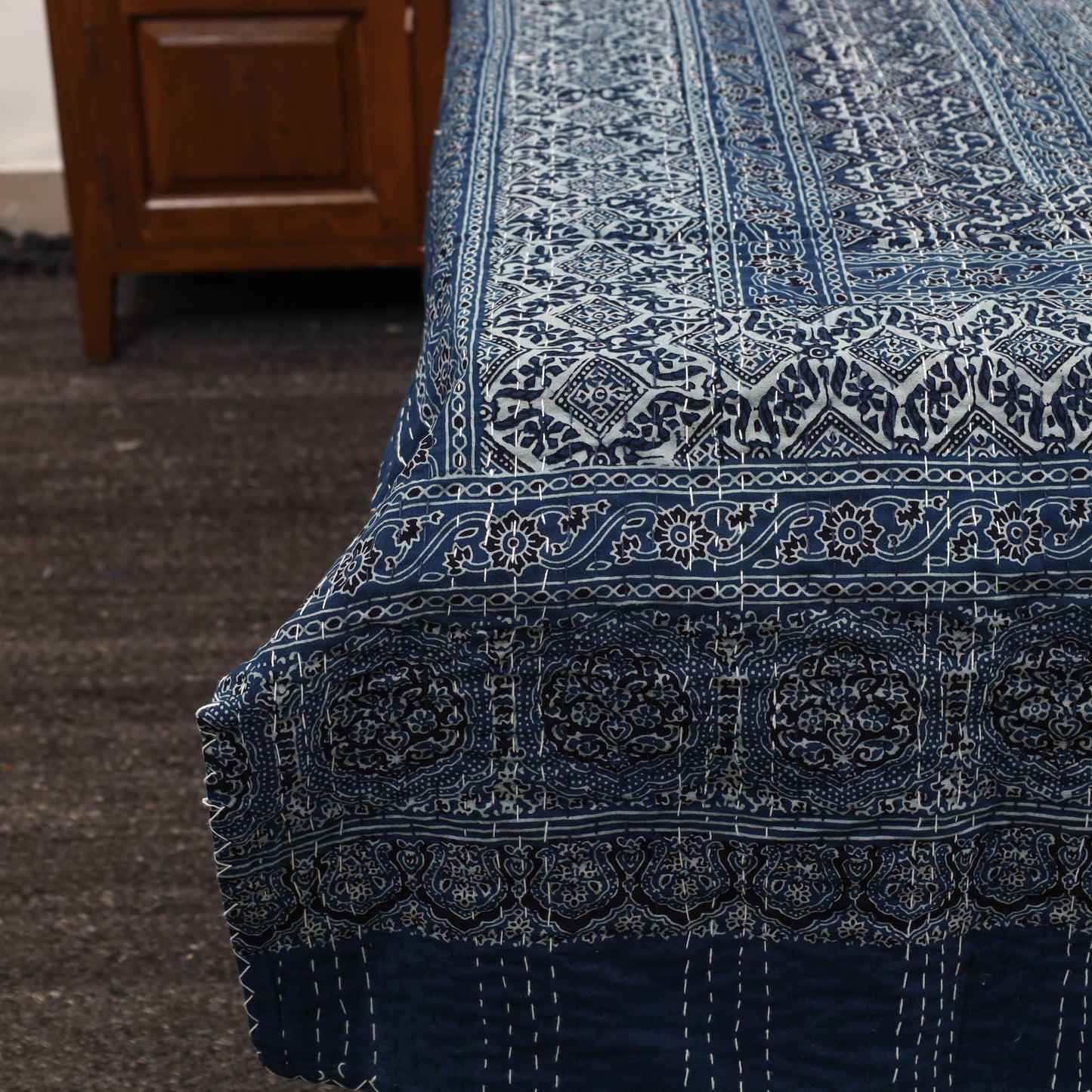 Blue - Ajrakh Print Single Tagai Kantha Bed Cover 81