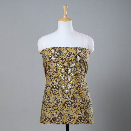 Yellow - Bead Work Embroidery Kalamkari Block Printed Cotton Kurti Material - 2.5 meter