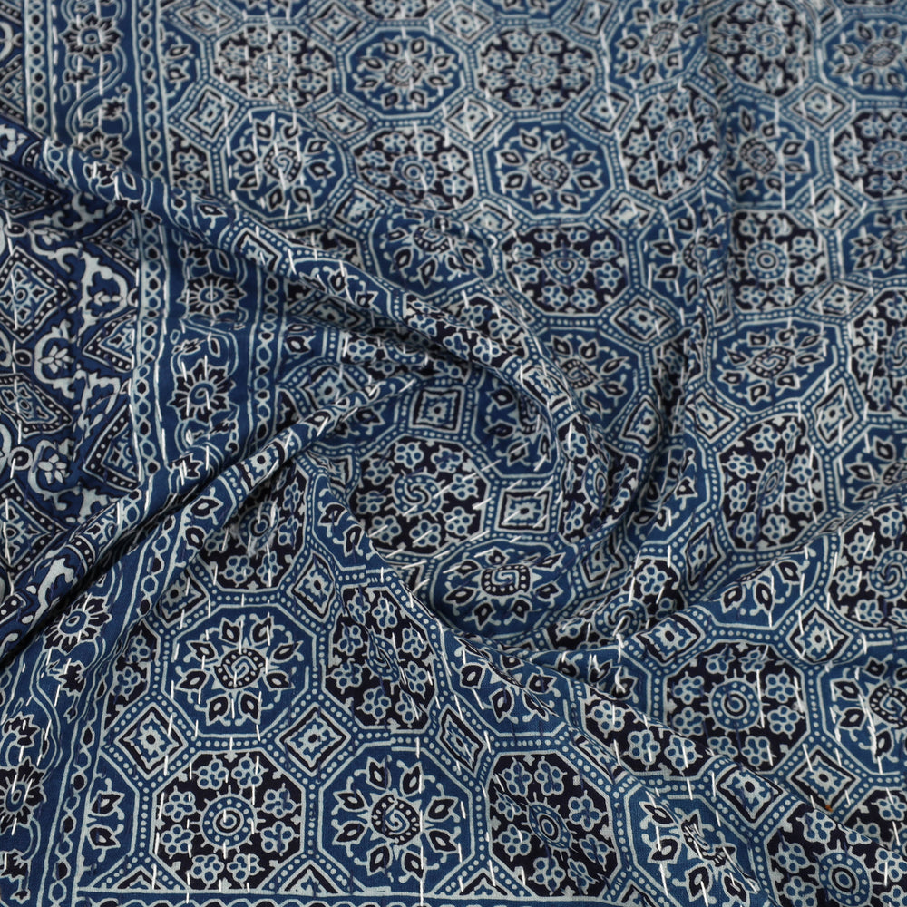 Blue - Ajrakh Print Single Tagai Kantha Bed Cover 81