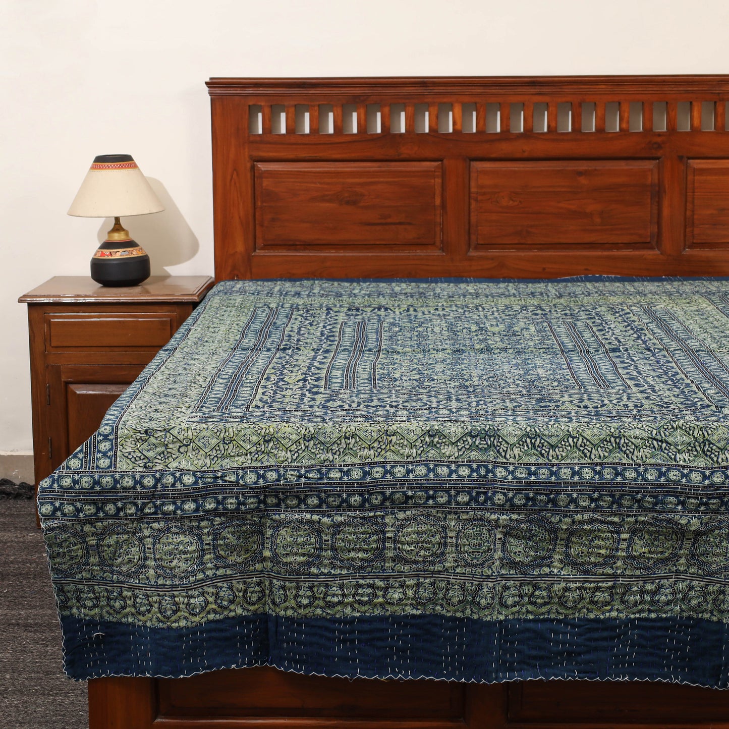 Blue - Ajrakh Print Single Tagai Kantha Bed Cover 82