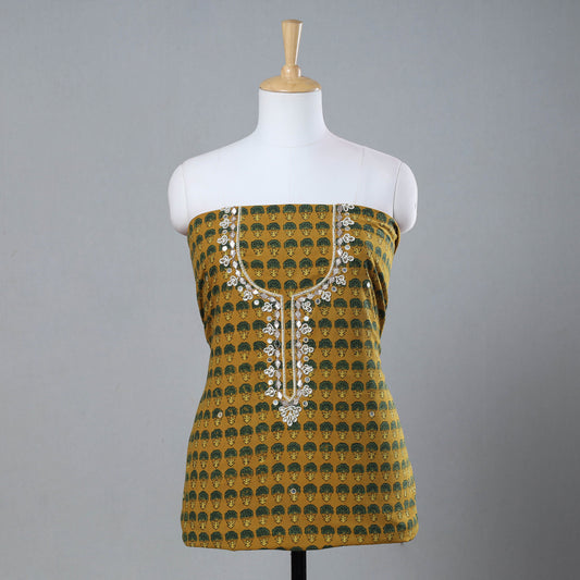 Yellow - Gota Patti & Bead Work Embroidery Ajrakh Block Printed Cotton Kurti Material - 2.5 meter