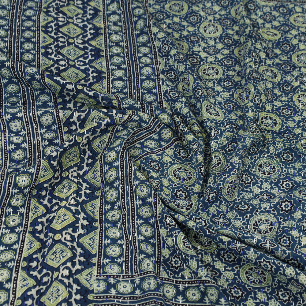 Blue - Ajrakh Print Single Tagai Kantha Bed Cover 82