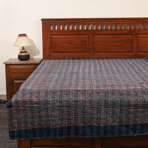 Blue - Ajrakh Print Single Tagai Kantha Bed Cover 83