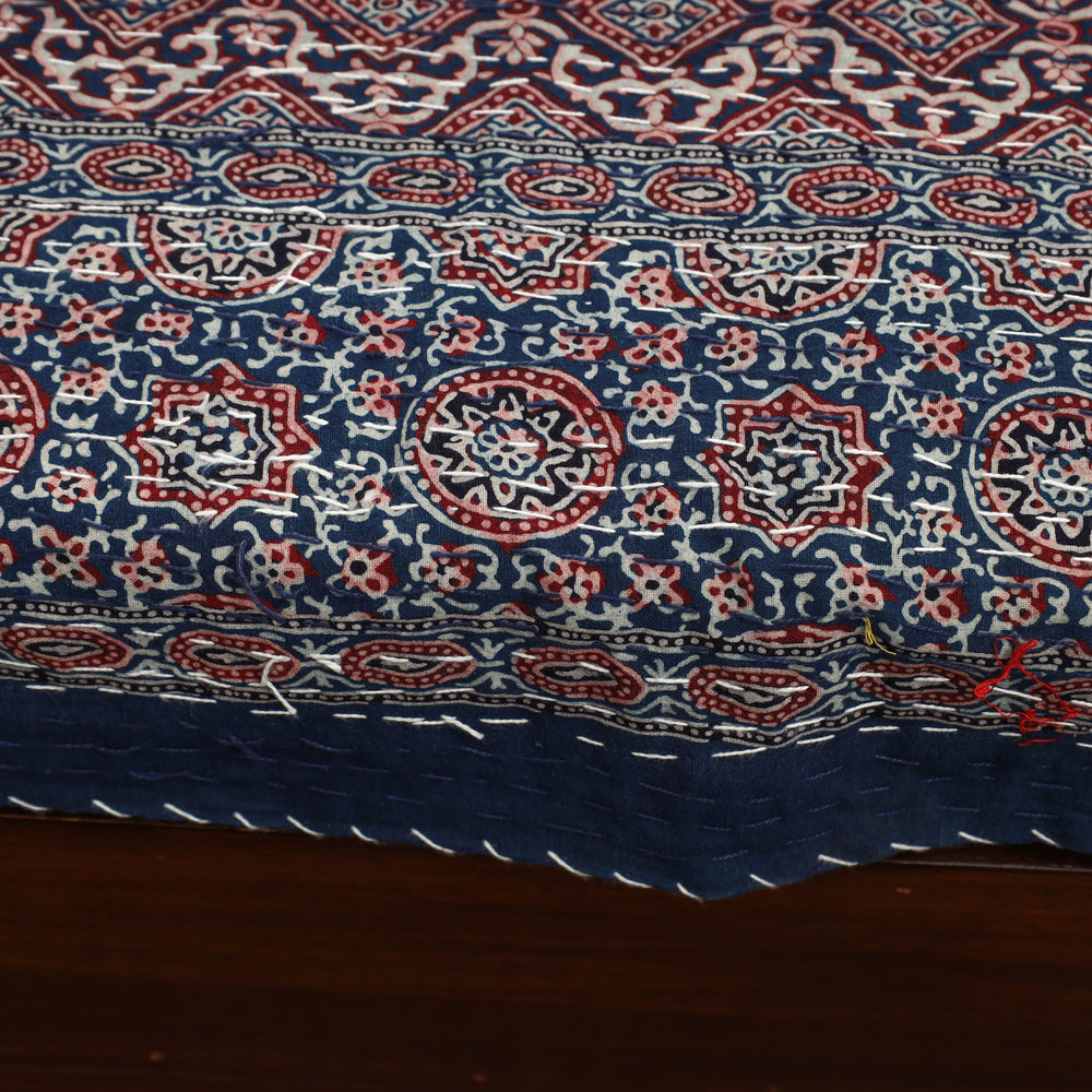 Blue - Ajrakh Print Single Tagai Kantha Bed Cover 83