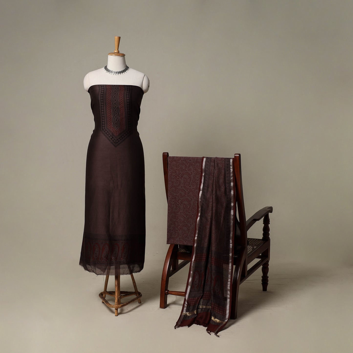 Bagh Hand Block Print Natural Dyed Chanderi Silk 3pc Unstitched Dress Material Suit Set 92