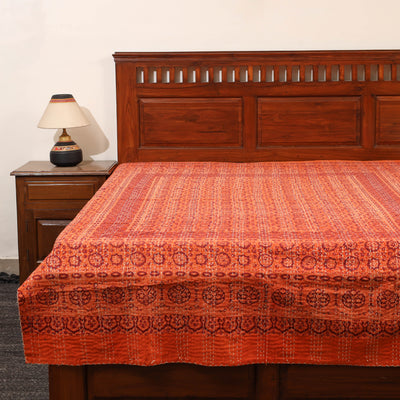 Orange - Ajrakh Print Single Tagai Kantha Bed Cover 84