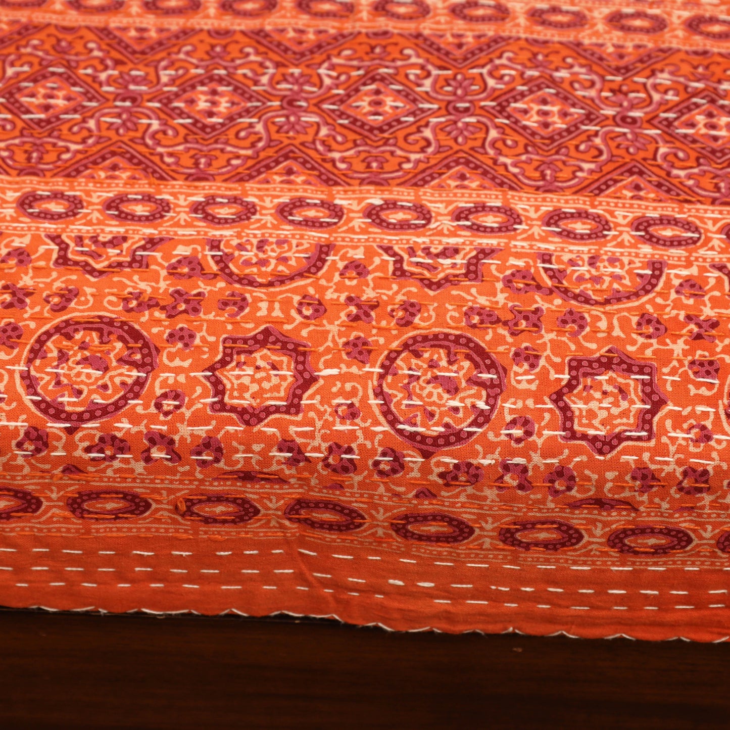 Orange - Ajrakh Print Single Tagai Kantha Bed Cover 84