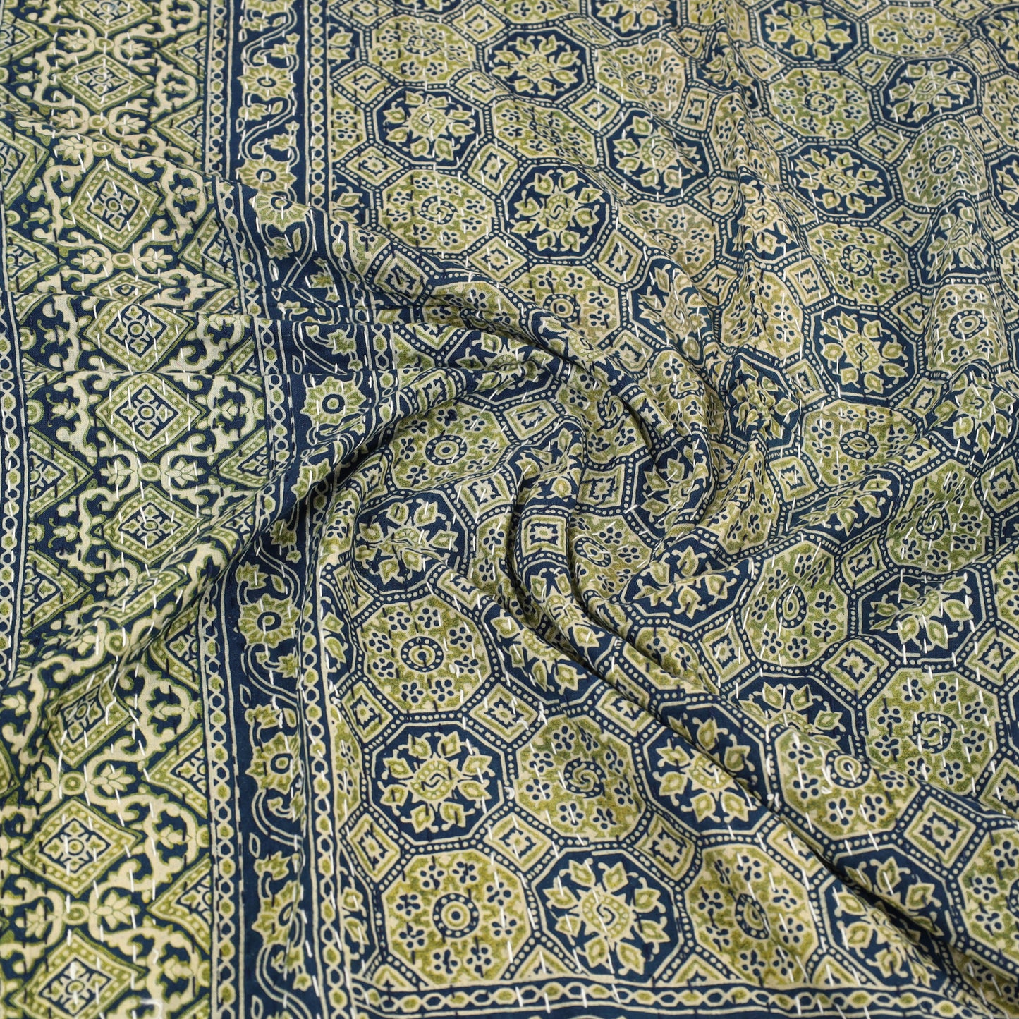 Green - Ajrakh Print Single Tagai Kantha Bed Cover 85