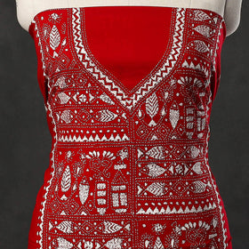 Buy Red Cotton Kurta material With Exclucive Kantha Work