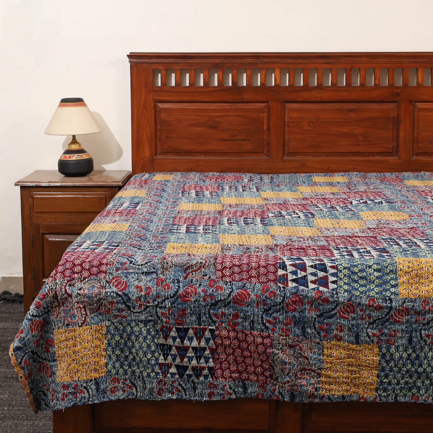 Blue - Ajrakh Print Patchwork Single Tagai Kantha Bed Cover 87