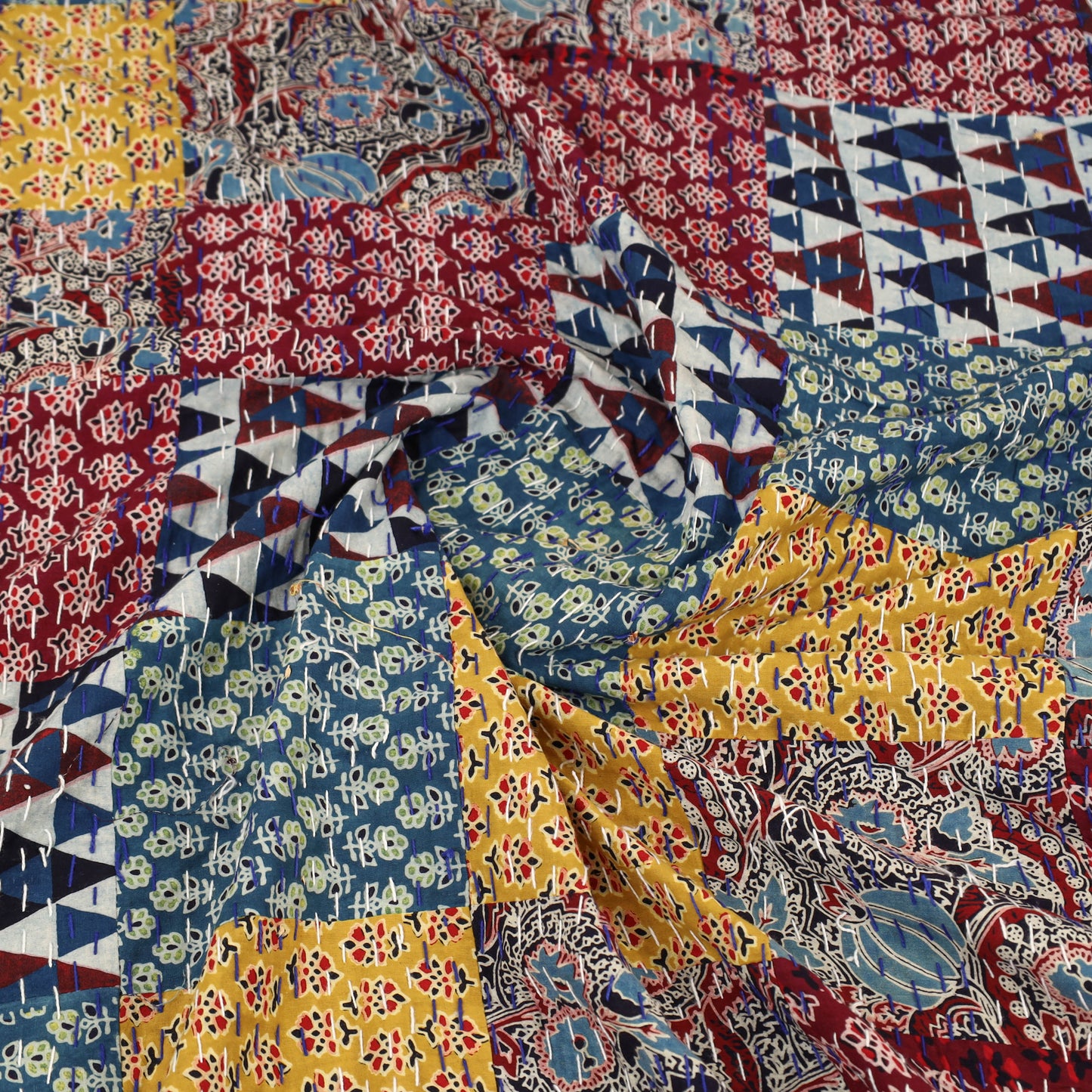 Blue - Ajrakh Print Patchwork Single Tagai Kantha Bed Cover 87