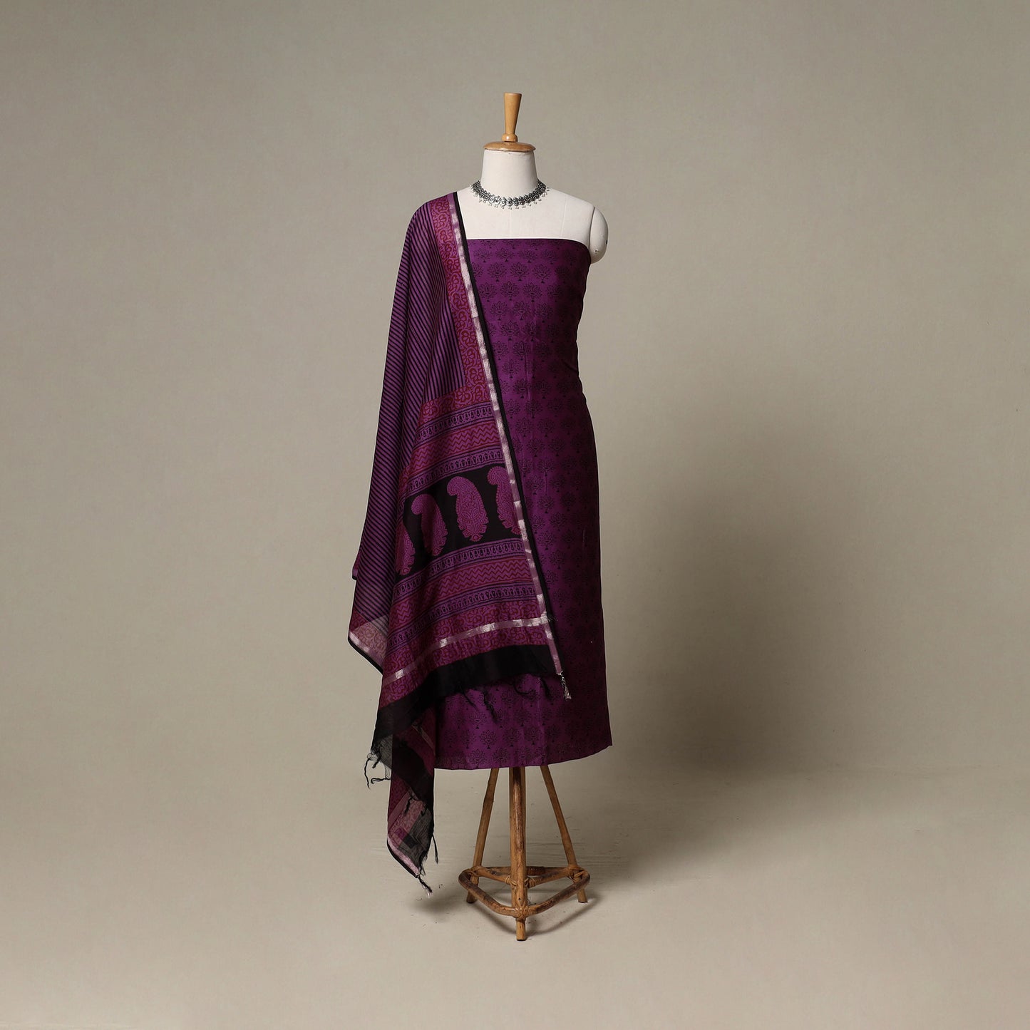 Bagh Hand Block Print Natural Dyed Chanderi Silk 3pc Unstitched Dress Material Suit Set 97