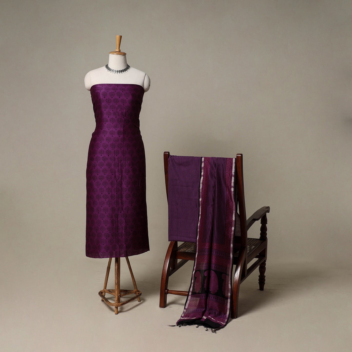Bagh Hand Block Print Natural Dyed Chanderi Silk 3pc Unstitched Dress Material Suit Set 97