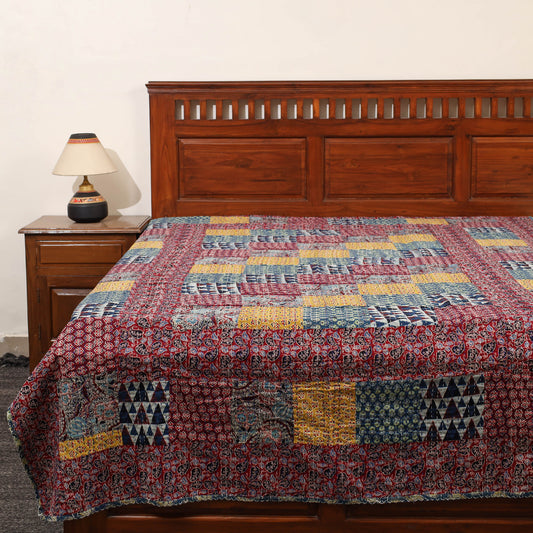 Red - Ajrakh Print Patchwork Single Tagai Kantha Bed Cover 89