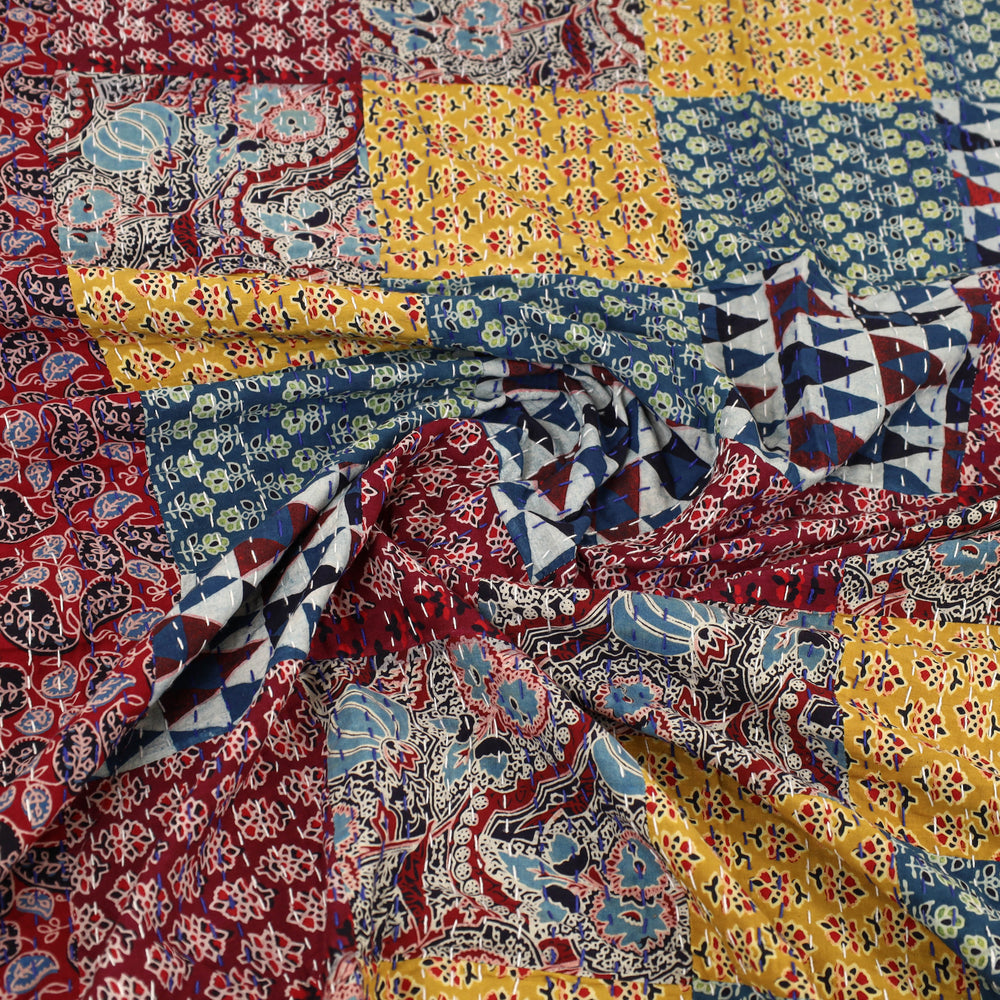 Red - Ajrakh Print Patchwork Single Tagai Kantha Bed Cover 89