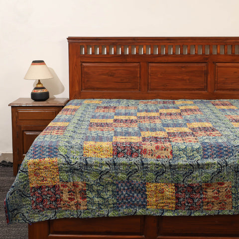 Multicolor - Ajrakh Print Patchwork Single Tagai Kantha Bed Cover 90