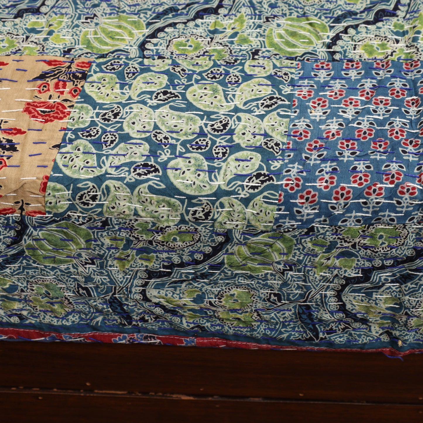 Multicolor - Ajrakh Print Patchwork Single Tagai Kantha Bed Cover 90