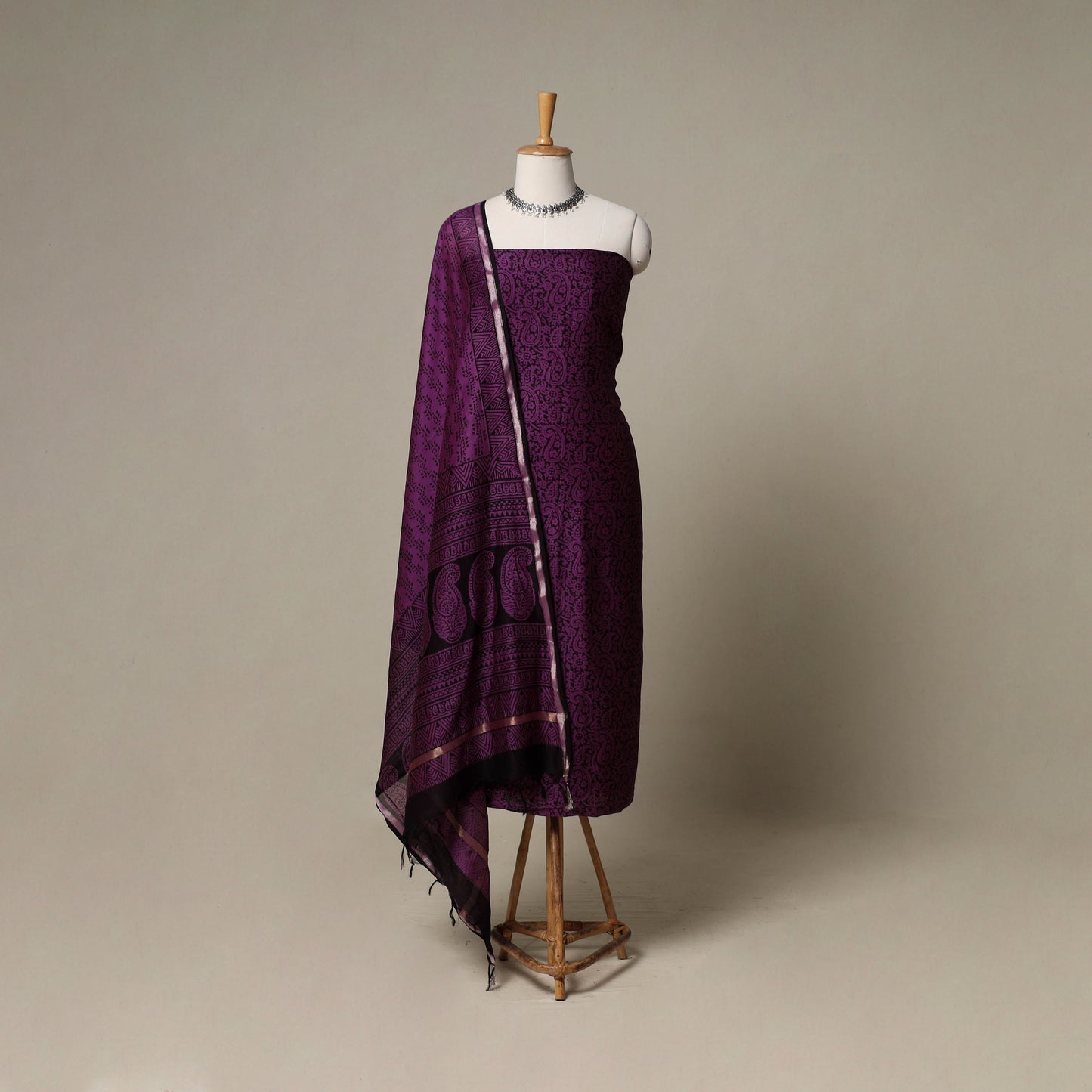 Bagh Hand Block Print Natural Dyed Chanderi Silk 3pc Unstitched Dress Material Suit Set 99