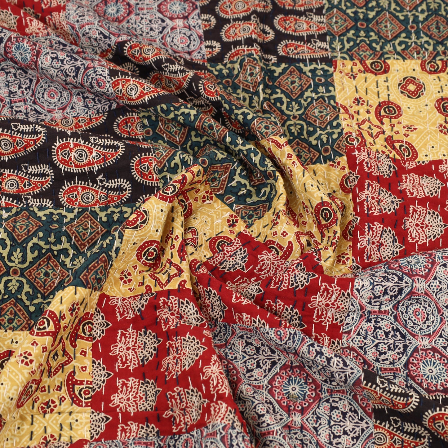 Red - Ajrakh Print Patchwork Single Tagai Kantha Bed Cover 91