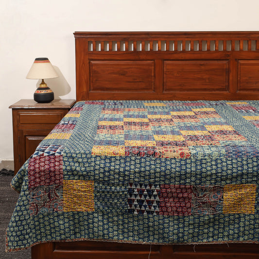 Green - Ajrakh Print Patchwork Single Tagai Kantha Bed Cover 92