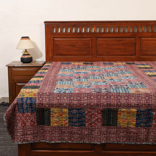 Red - Ajrakh Print Patchwork Single Tagai Kantha Bed Cover 93