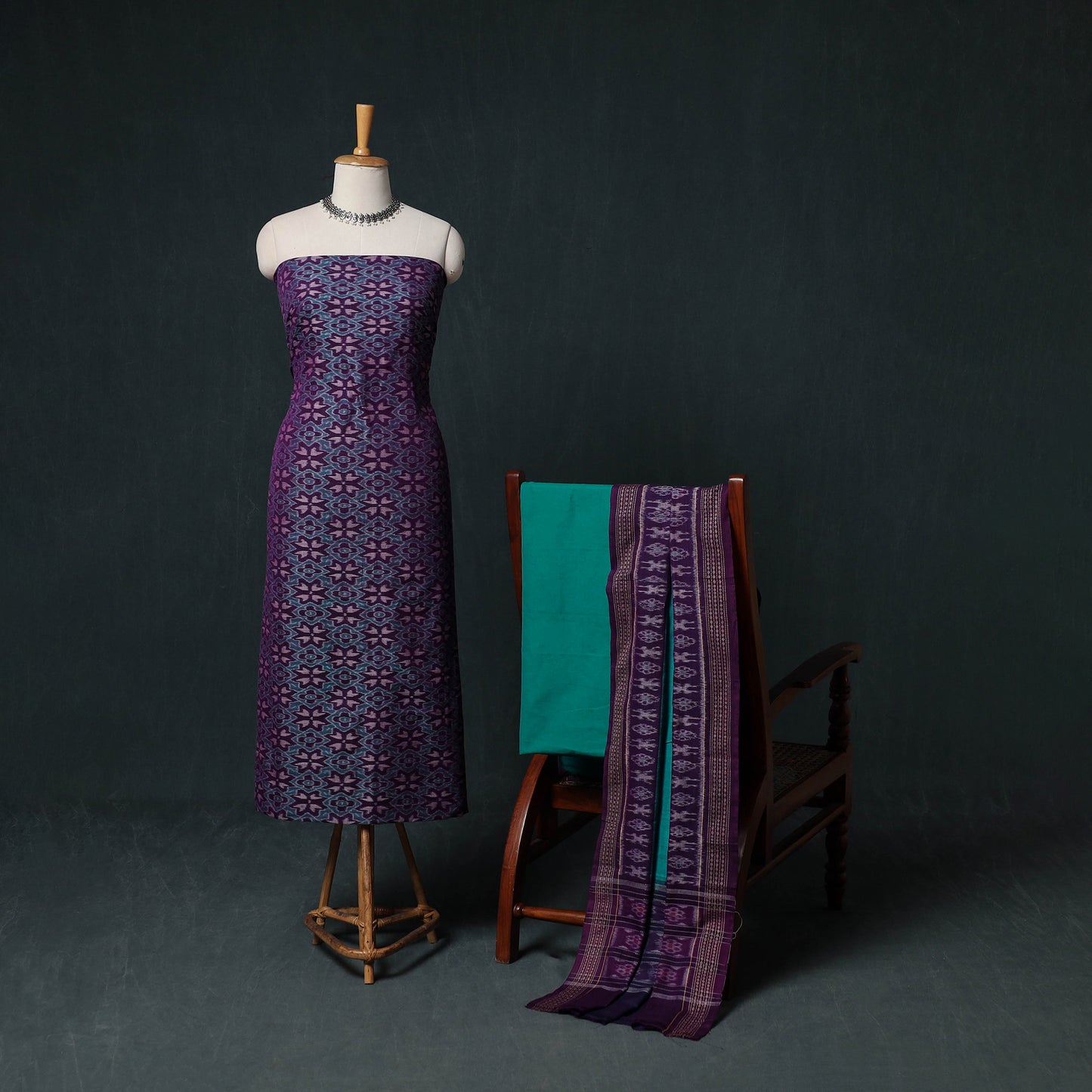Sambalpuri Ikat Handloom Cotton 3pc Unstitched Dress Material Suit Set 01