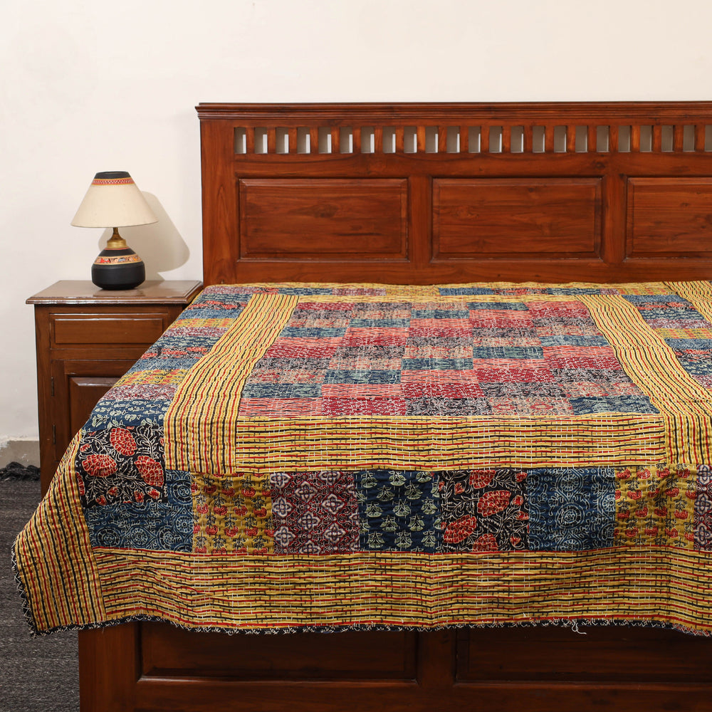 Yellow - Ajrakh Print Patchwork Single Tagai Kantha Bed Cover 94