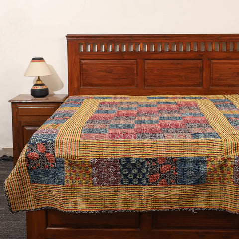 Yellow - Ajrakh Print Patchwork Single Tagai Kantha Bed Cover 94