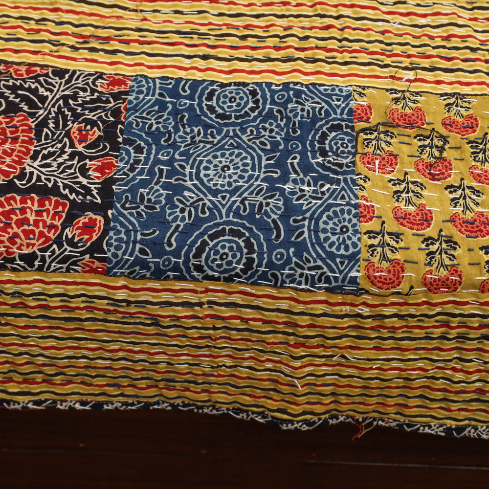 Yellow - Ajrakh Print Patchwork Single Tagai Kantha Bed Cover 94