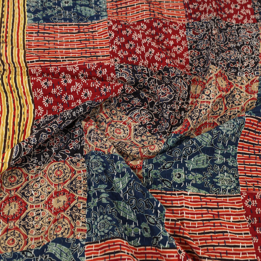 Yellow - Ajrakh Print Patchwork Single Tagai Kantha Bed Cover 94