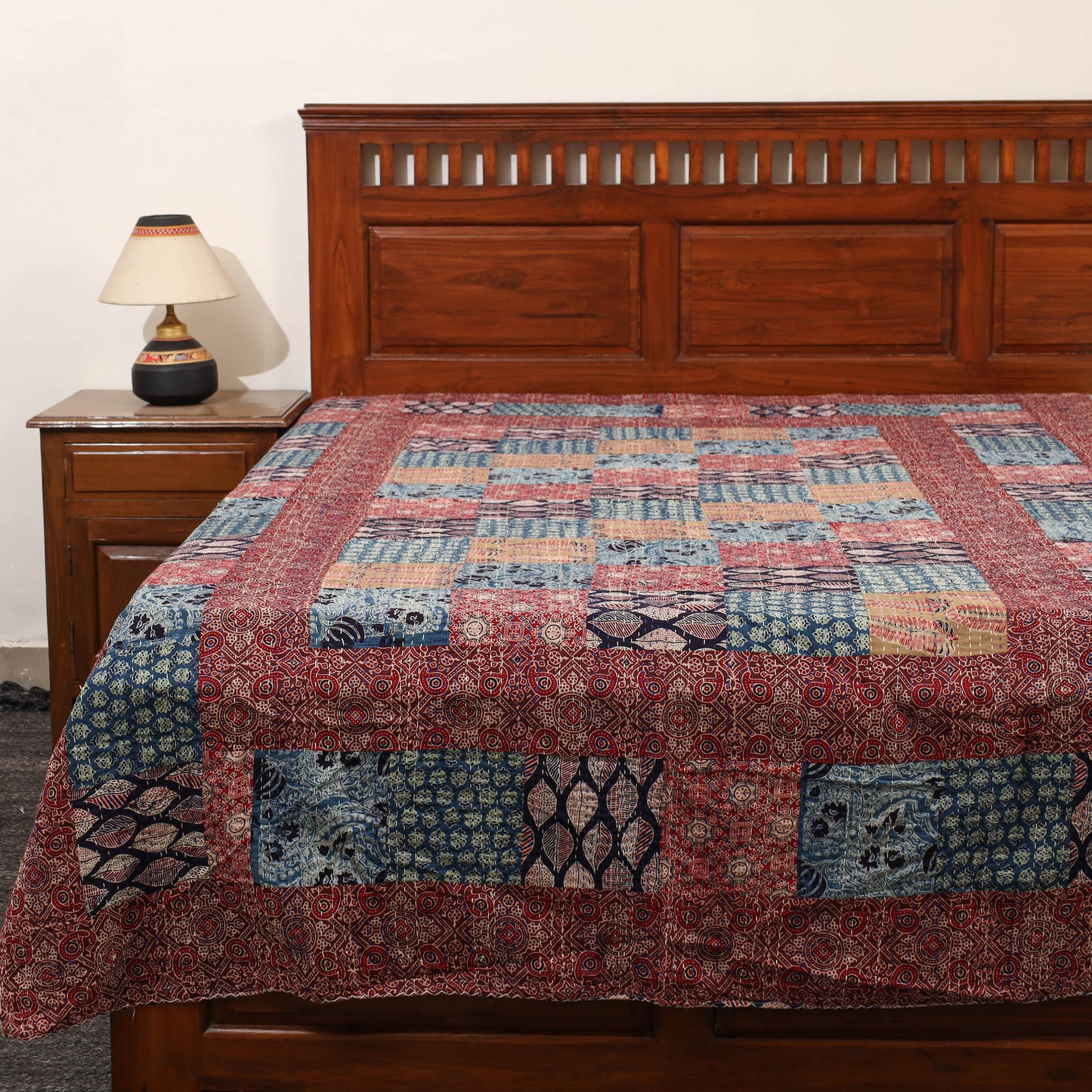 Red - Ajrakh Print Patchwork Single Tagai Kantha Bed Cover 95