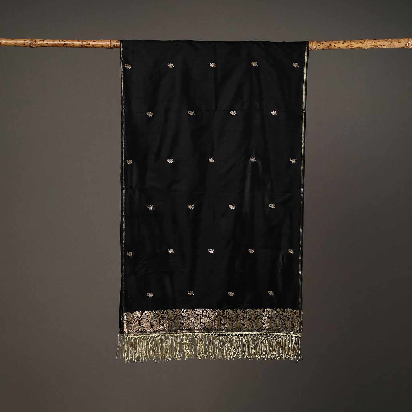 Black - Brocade Handloom Pure Silk Banarasi Stole with Tassels 14