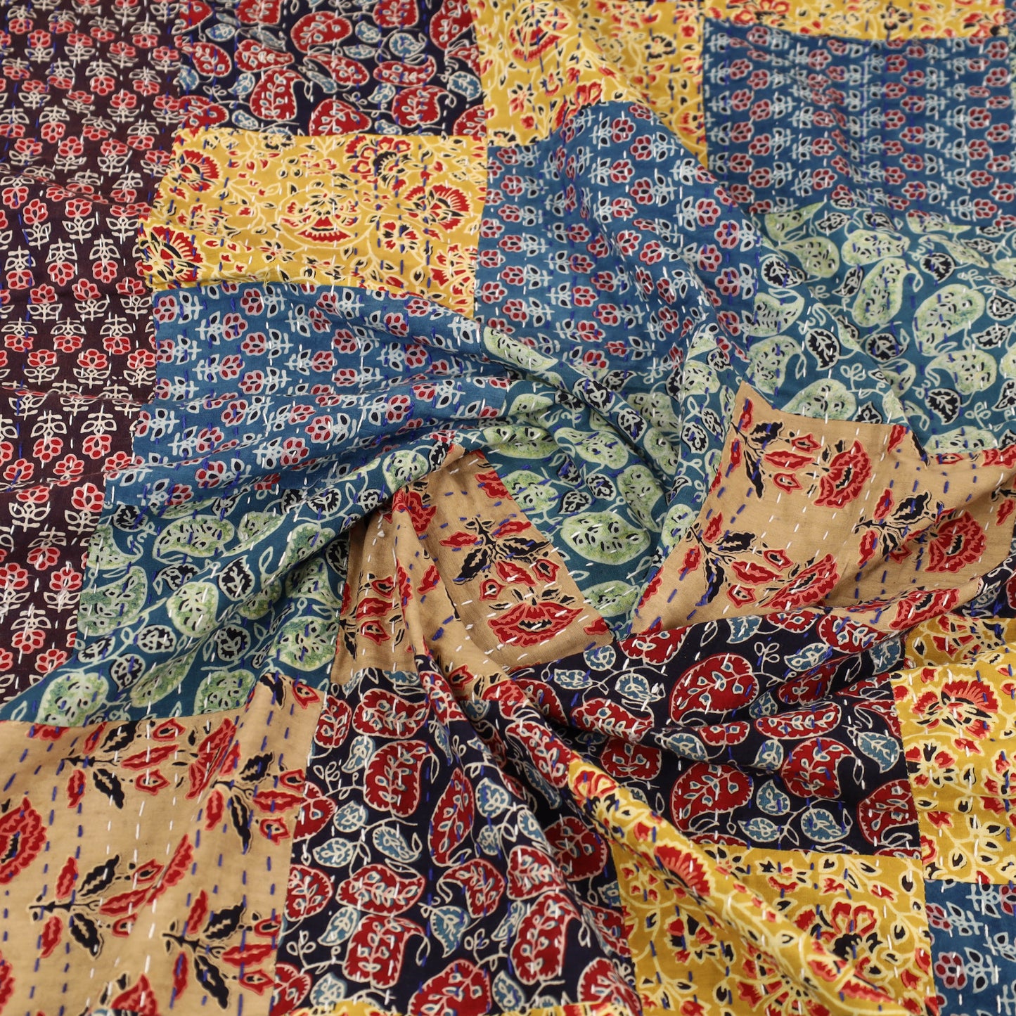 Multicolor - Ajrakh Print Patchwork Single Tagai Kantha Bed Cover 96