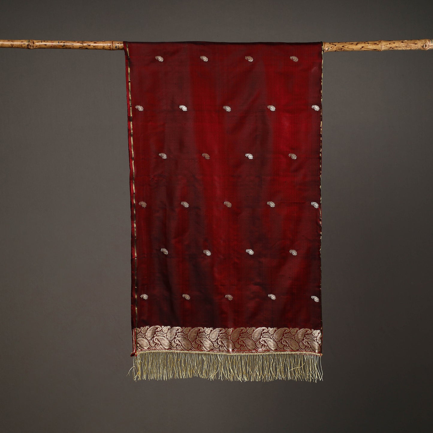 Maroon - Brocade Handloom Pure Silk Banarasi Stole with Tassels 16