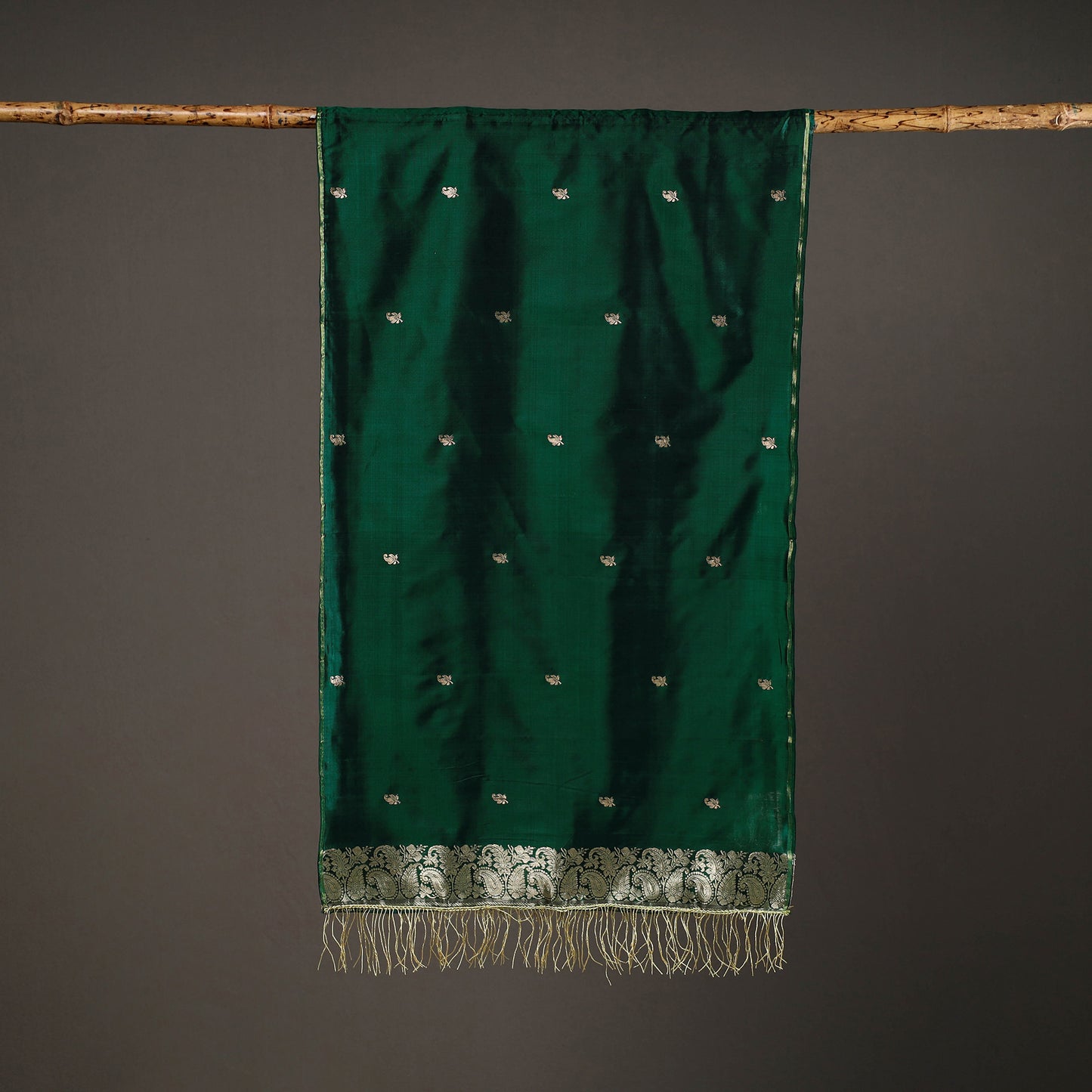 Green - Brocade Handloom Pure Silk Banarasi Stole with Tassels 18