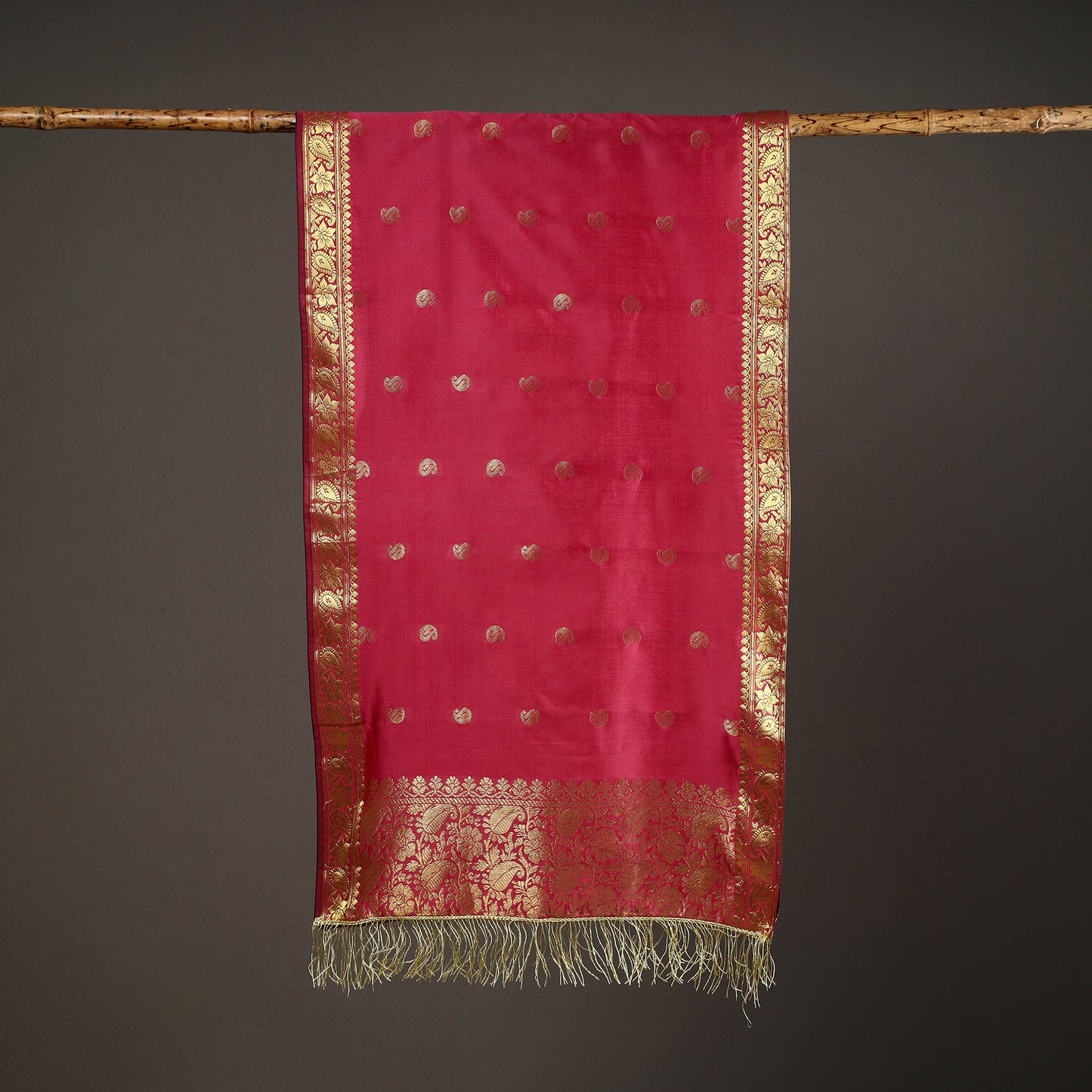 Pink - Brocade Handloom Silk Nakshi Buti Banarasi Stole with Tassels 24