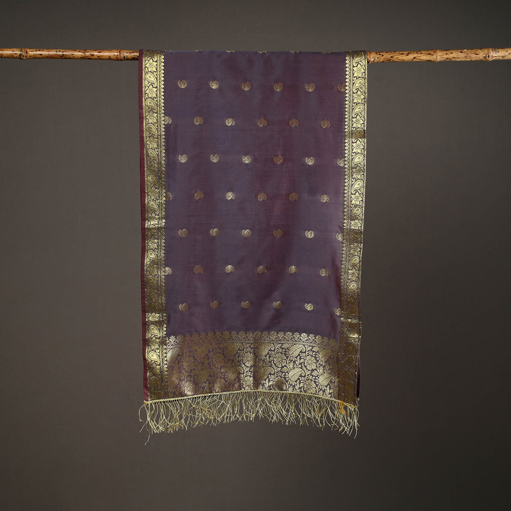 Grey - Brocade Handloom Silk Nakshi Buti Banarasi Stole with Tassels 25