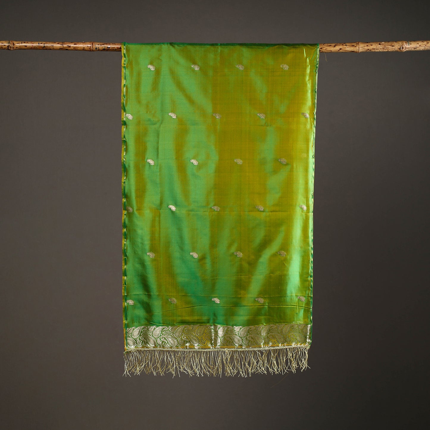 Green - Brocade Handloom Pure Silk Banarasi Stole with Tassels 02