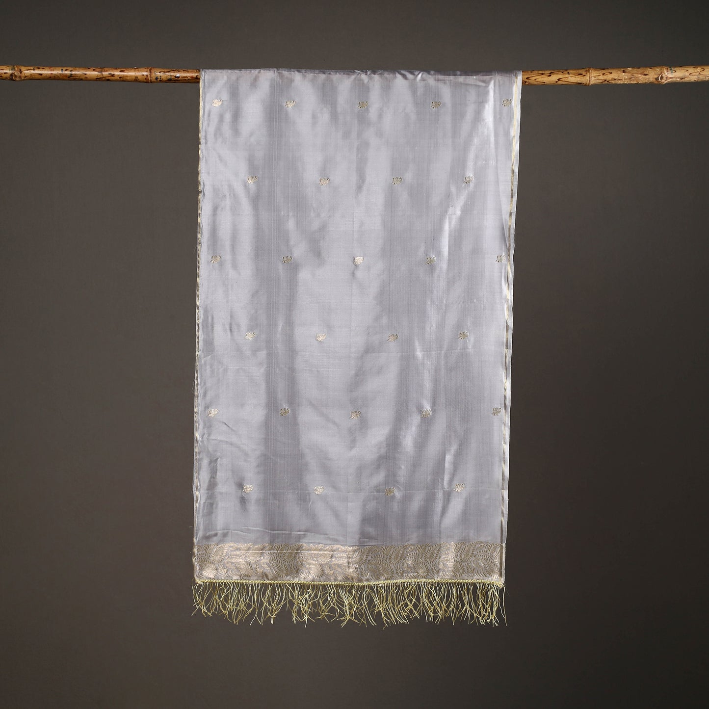 Grey - Brocade Handloom Pure Silk Banarasi Stole with Tassels 10