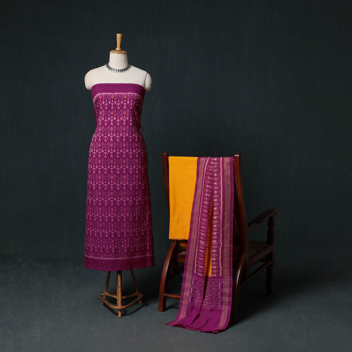 Sambalpuri Ikat Handloom Cotton 3pc Unstitched Dress Material Suit Set 06