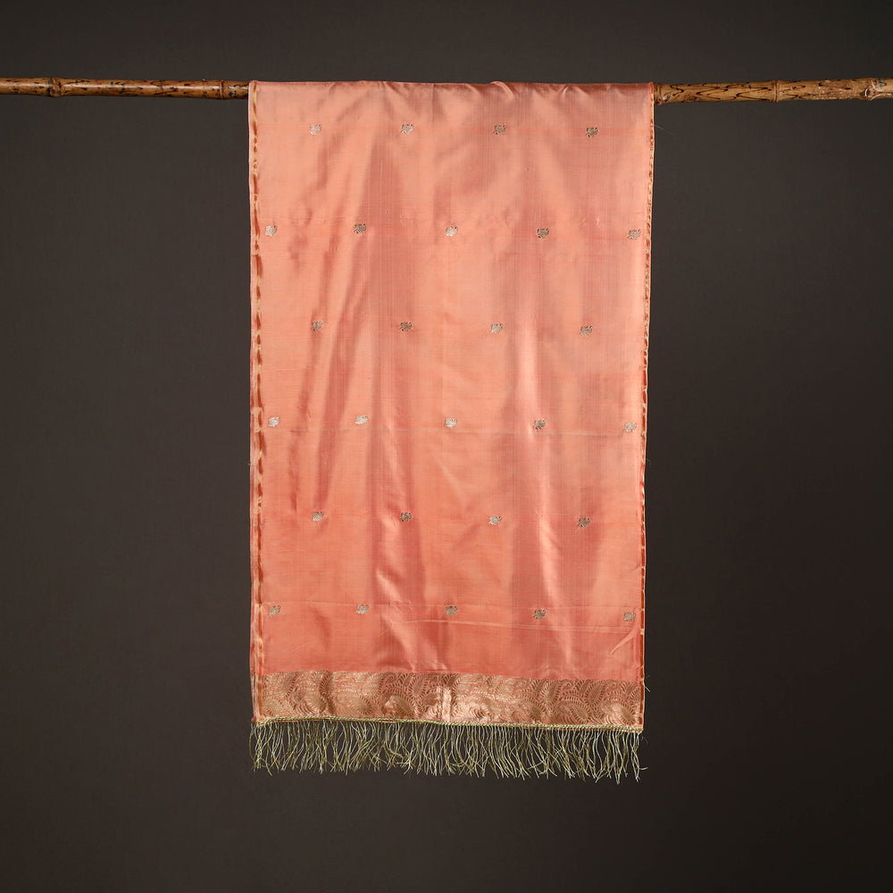 Peach - Brocade Handloom Pure Silk Banarasi Stole with Tassels 11