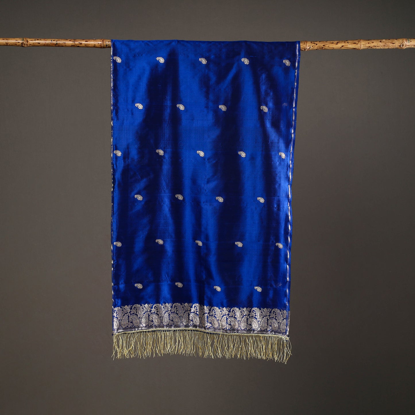 Blue - Brocade Handloom Pure Silk Banarasi Stole with Tassels 09