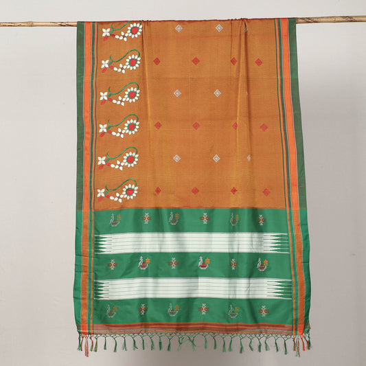 Orange - Khun Weave Silk Cotton Saree with Thread Border