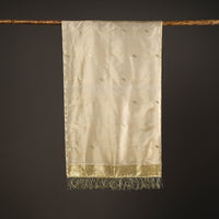 Beige - Brocade Handloom Pure Silk Banarasi Stole with Tassels 08