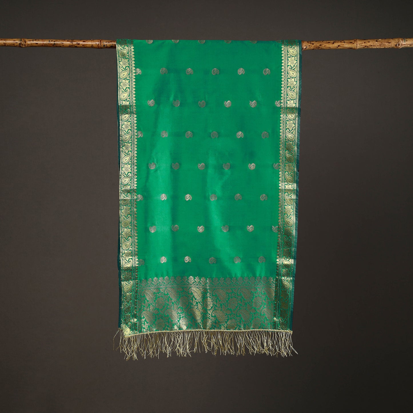 Green - Brocade Handloom Silk Nakshi Buti Banarasi Stole with Tassels 26