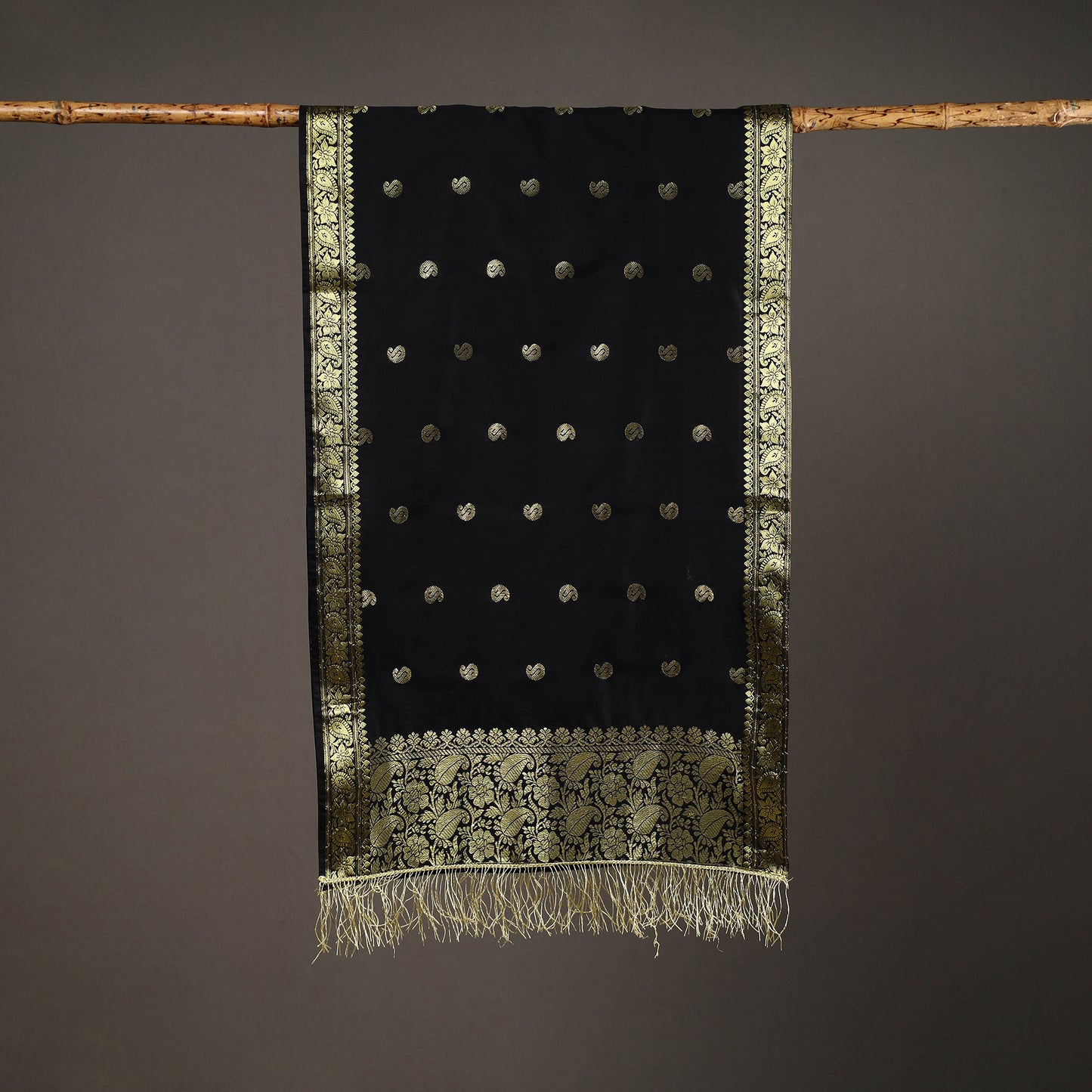 Black - Brocade Handloom Silk Nakshi Buti Banarasi Stole with Tassels 28