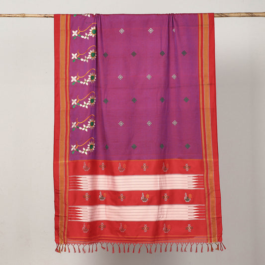 Purple - Khun Weave Silk Cotton Saree with Thread Border