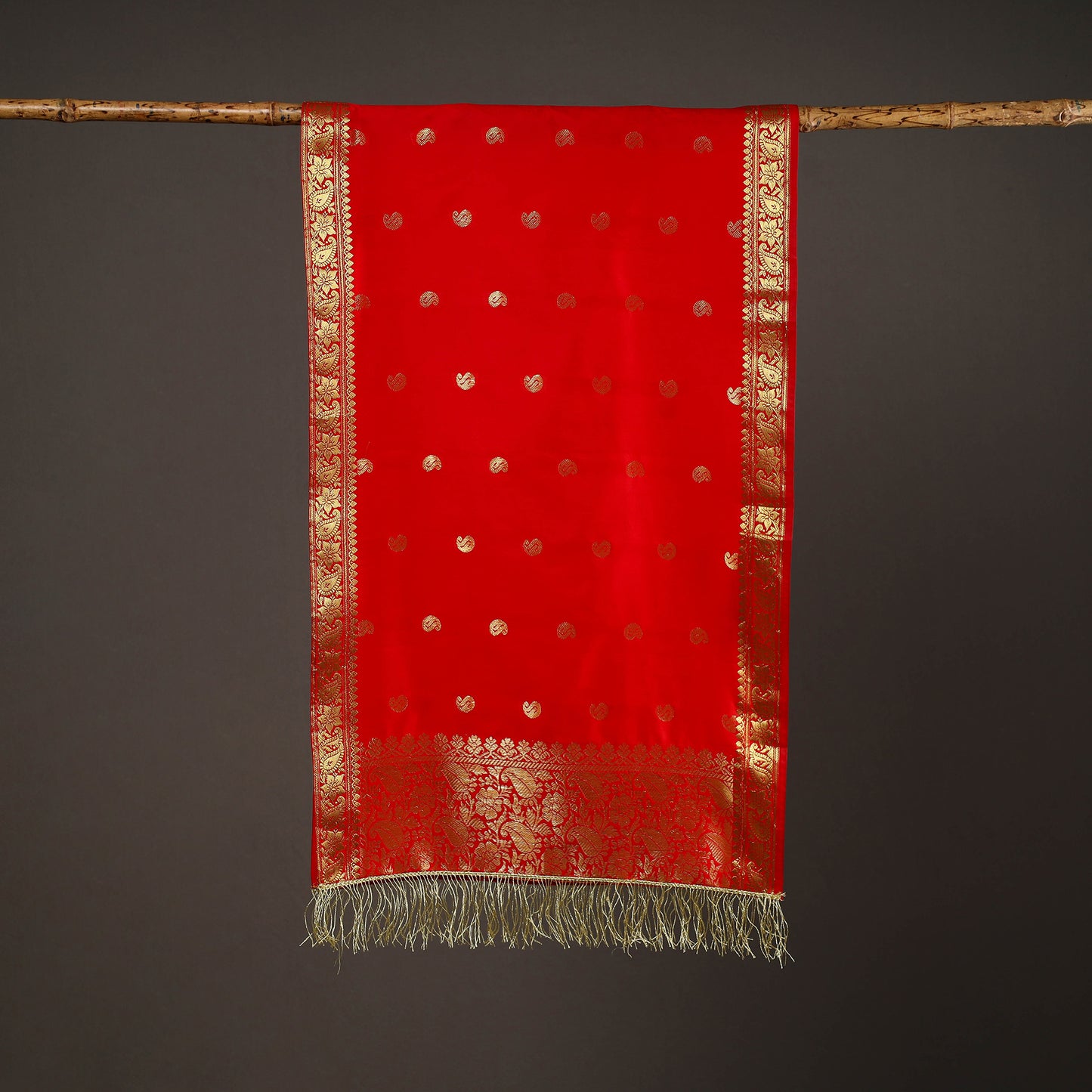 Red - Brocade Handloom Silk Nakshi Buti Banarasi Stole with Tassels 21